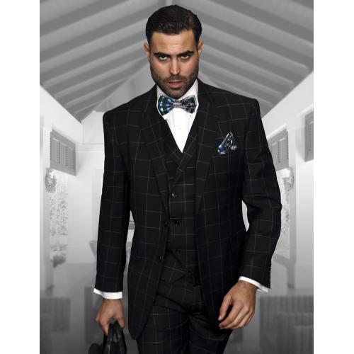 Statement Confidence Black / Grey Windowpanes Super 150's Wool Vested Suit TZ-921